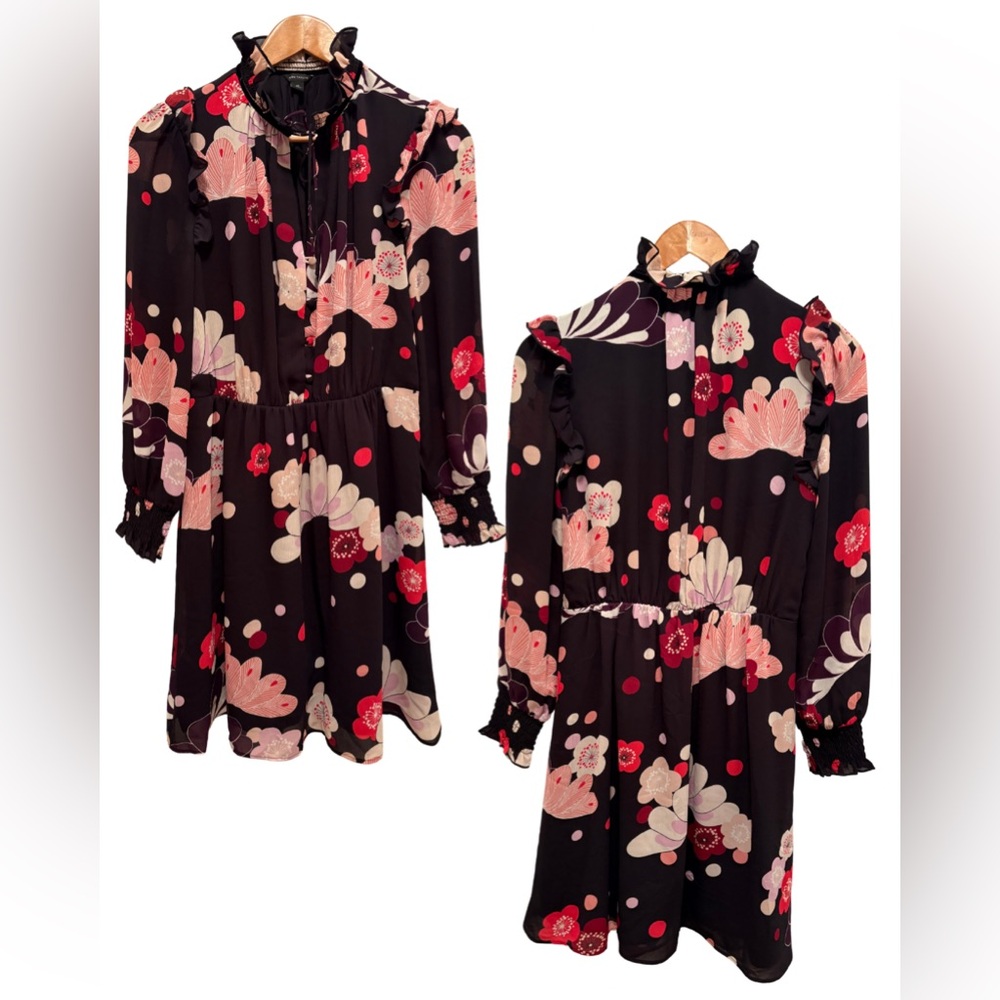 Ann Taylor Black and Pink Ruffle Neck Dress